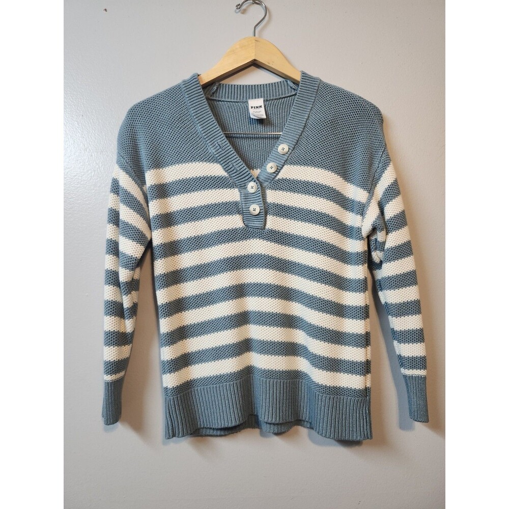 PINK by Victoria's Secret Sweater Teal Striped V Neck Women's XS Long Sleeve